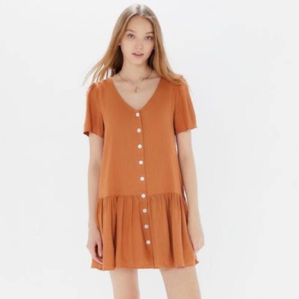 UO Houston Linen Button-Front Drop Waist Dress